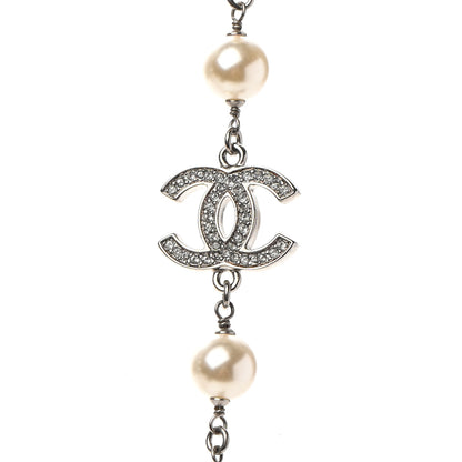 Chanel Graduated Pearl Crystal CC Long Necklace Silver 4 of 7