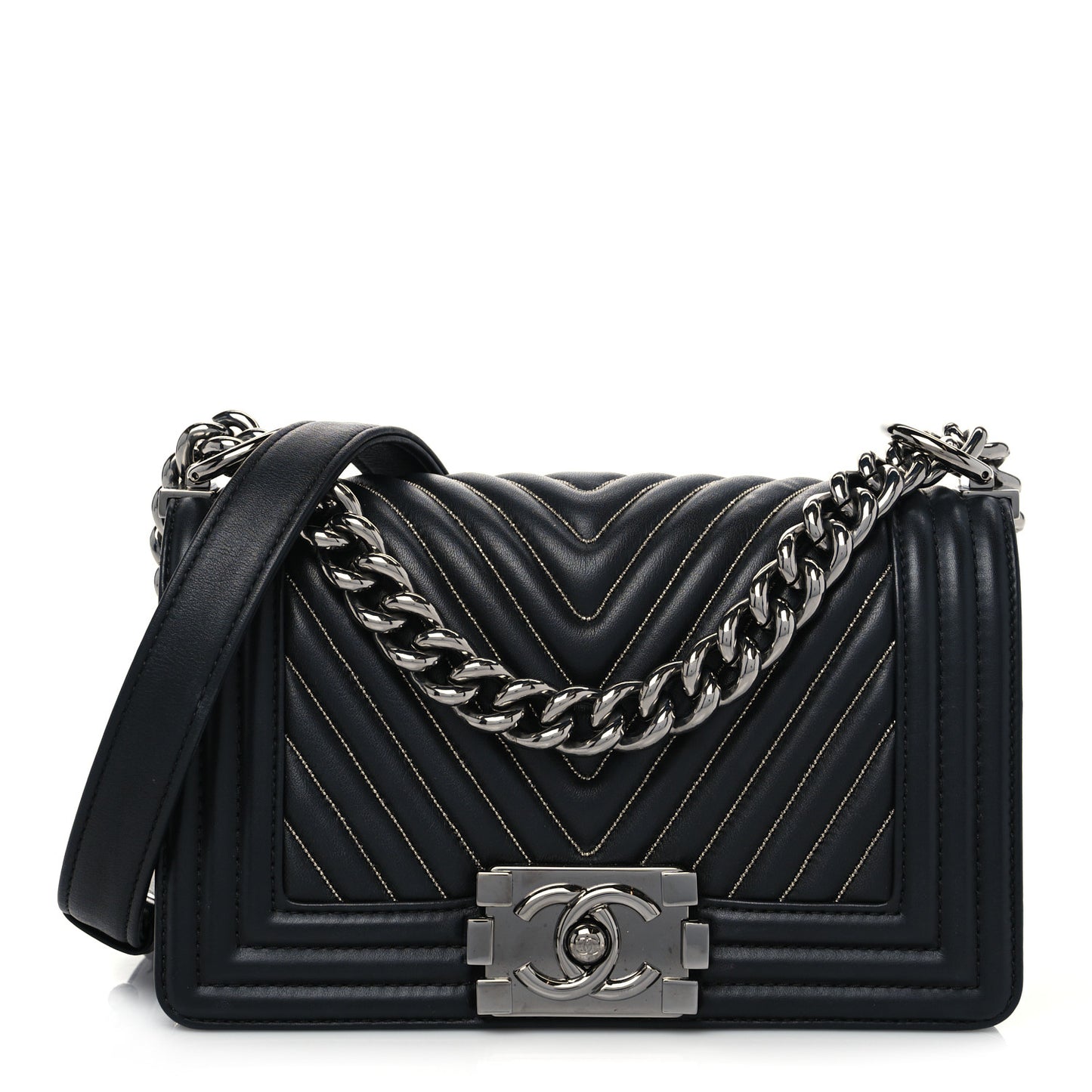 Calfskin Chain Chevron Small Boy Flap Black