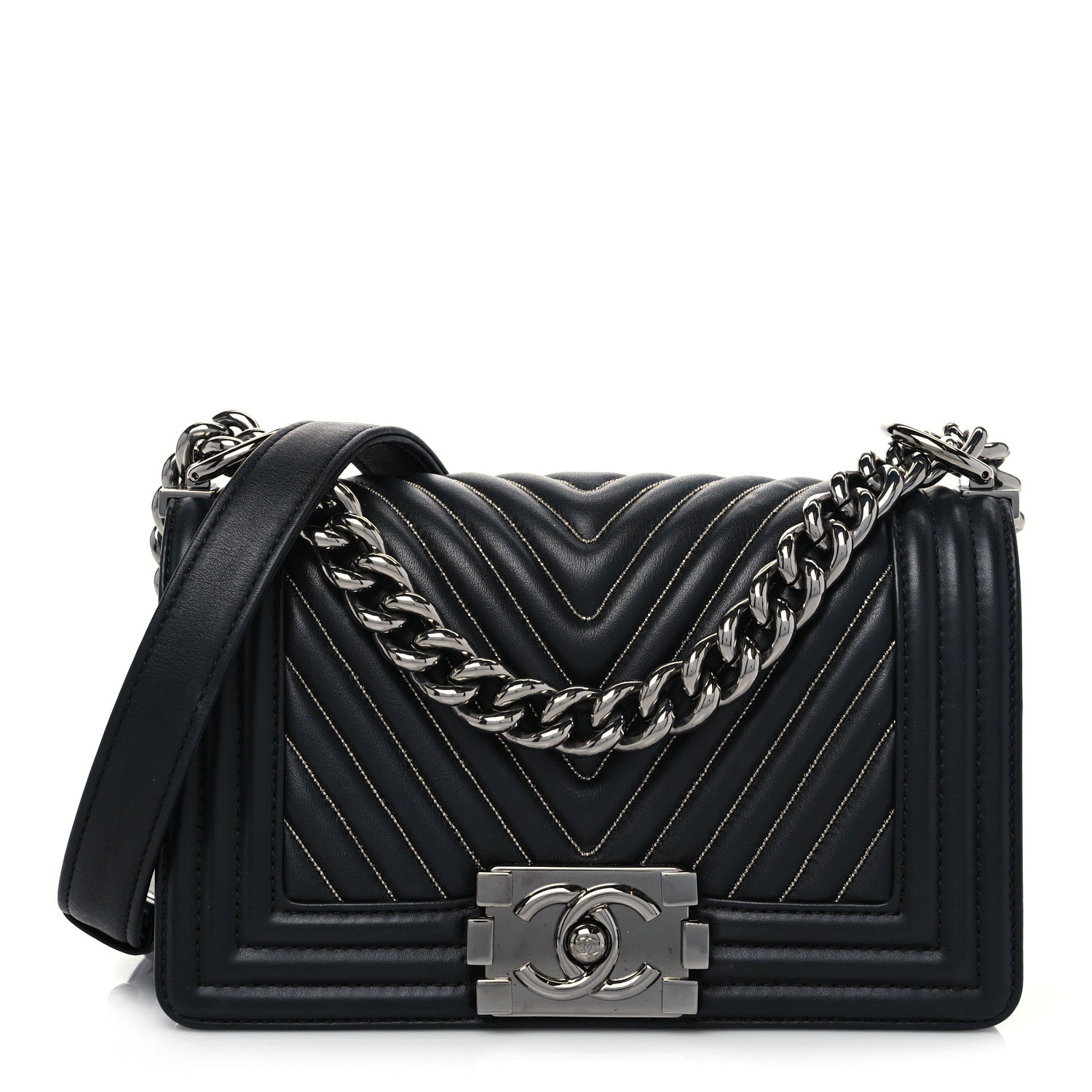 Chanel Calfskin Chain Chevron Small Boy Flap Black 1 of 10