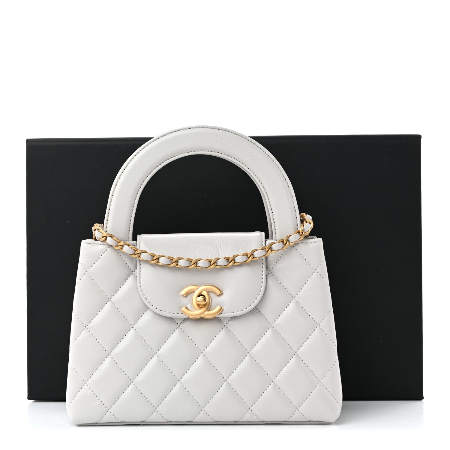 Chanel Shiny Aged Calfskin Quilted Nano Kelly Shopper Light Grey 11 of 11