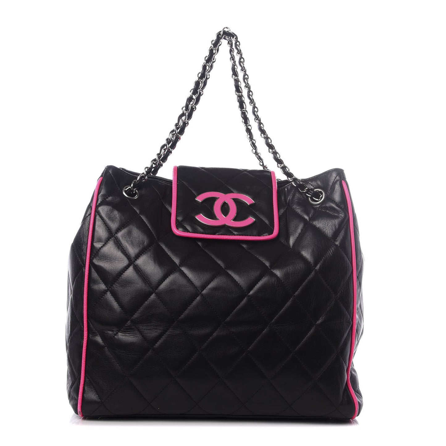 Lambskin Quilted CC Shopping Tote Black Pink