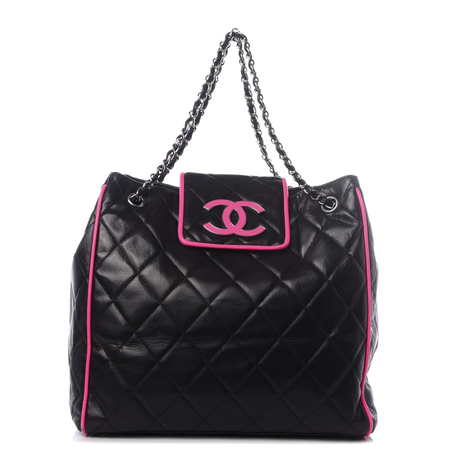 Chanel Lambskin Quilted CC Shopping Tote Black Pink 1 of 8