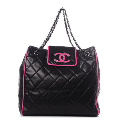 Chanel Lambskin Quilted CC Shopping Tote Black Pink 1 of 8