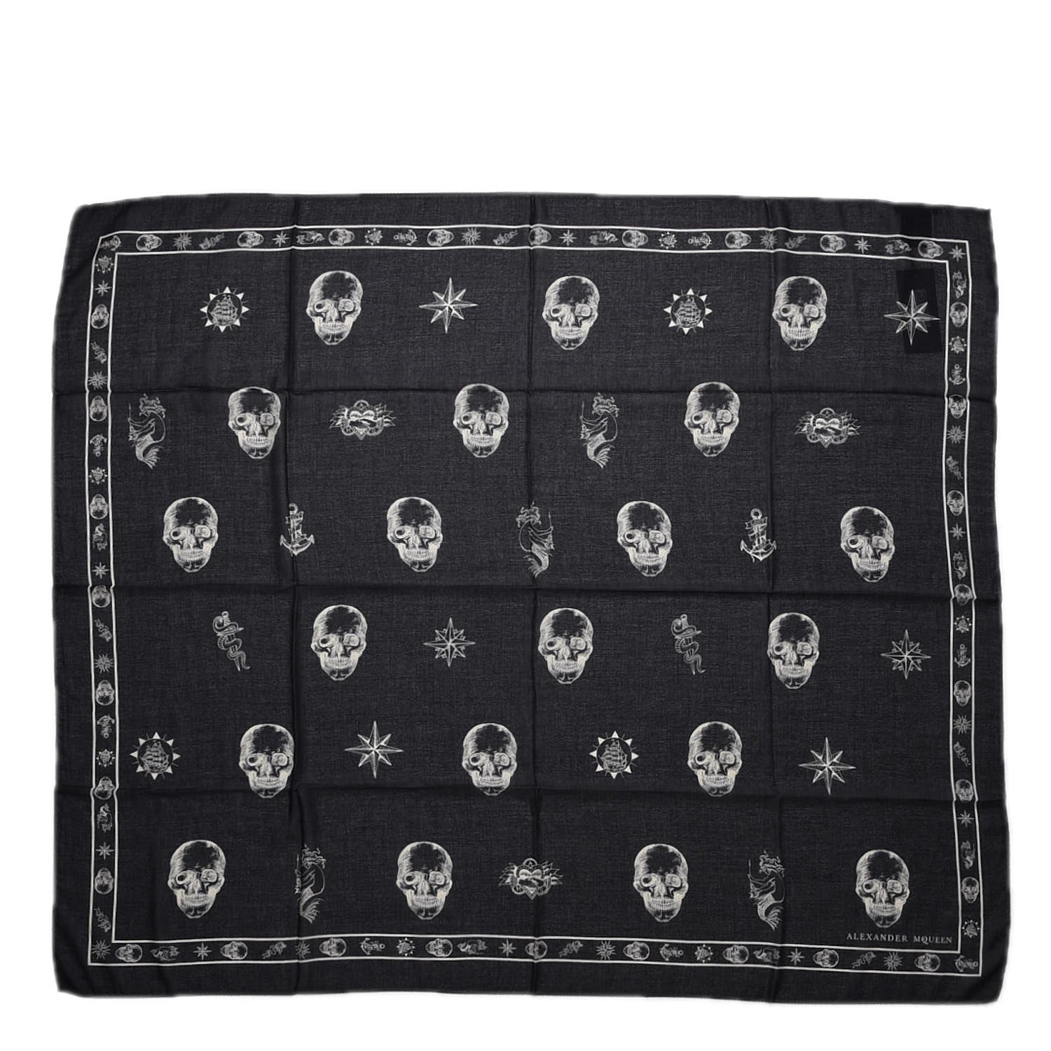 Alexander McQueen Cotton Modal Large Skull Tattoo Scarf Black Ivory 1 of 6