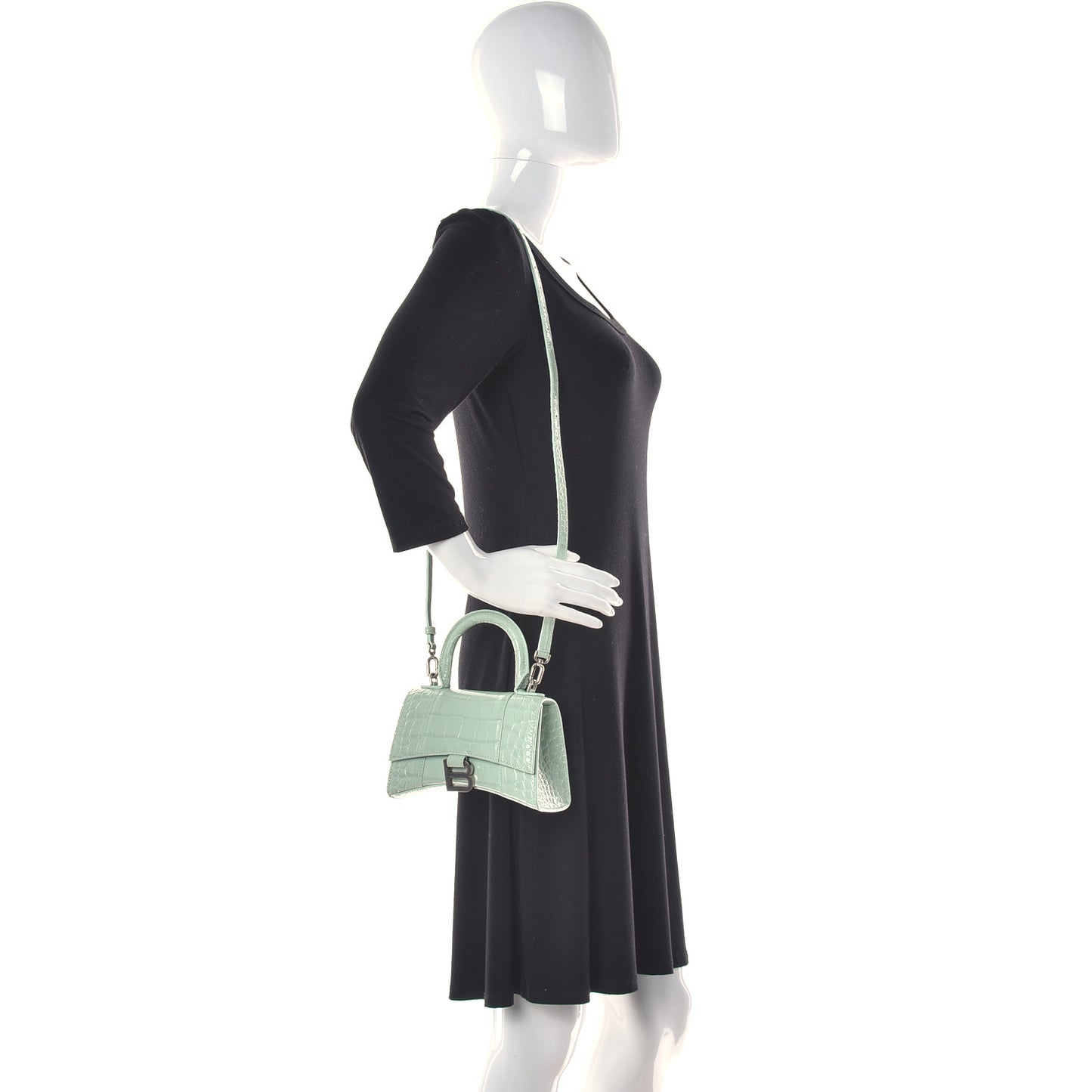 Shiny Calfskin Crocodile Embossed Hourglass Top Handle Bag XS Light Green
