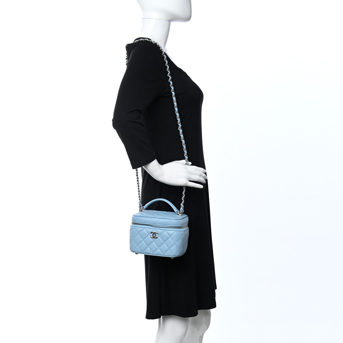 Caviar Quilted Top Handle Vanity Case With Chain Blue