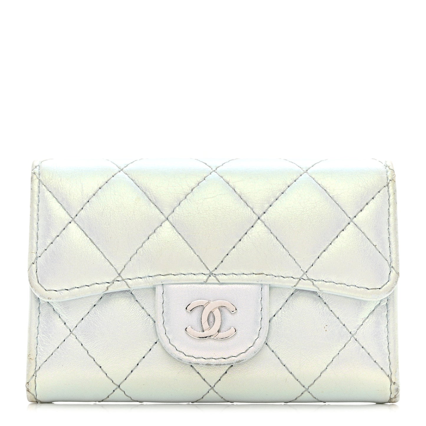 Iridescent Calfskin Quilted Flap Card Holder Wallet Light Blue