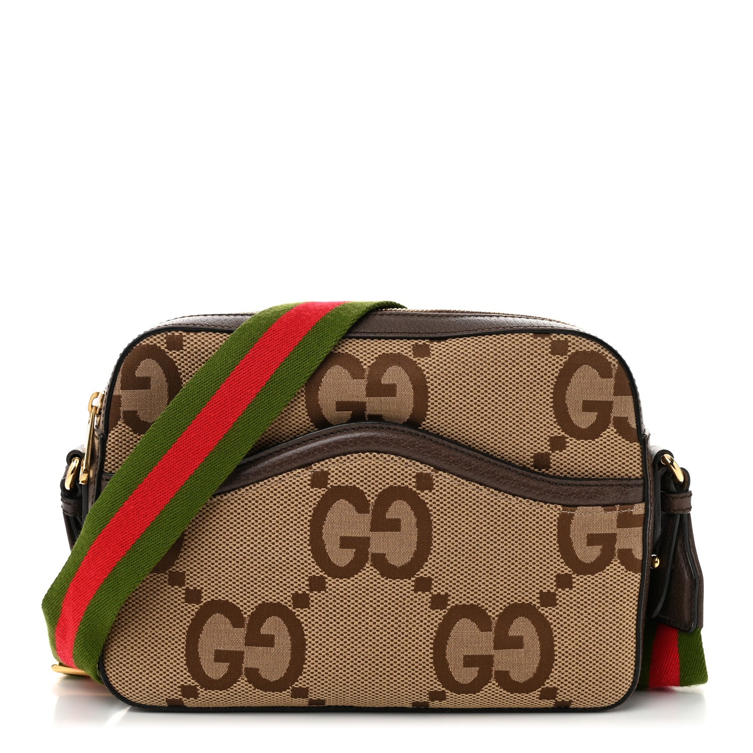 Gucci Monogram Jumbo GG Textured Dollar Calfskin Web Messenger Shoulder Bag Camel Ebony New Acero 1 of 10