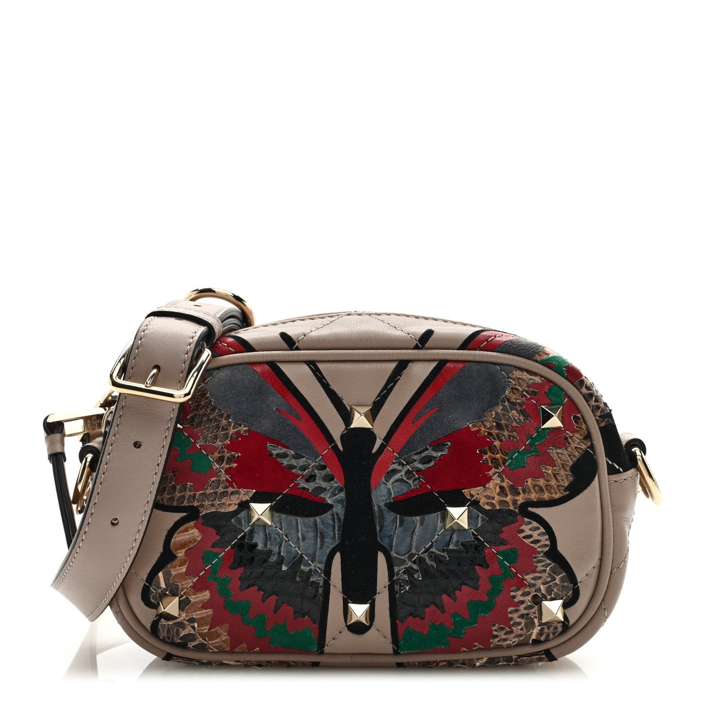 Calfskin Butterfly Embroidered Rockstud Camera Crossbody Bag Poudre