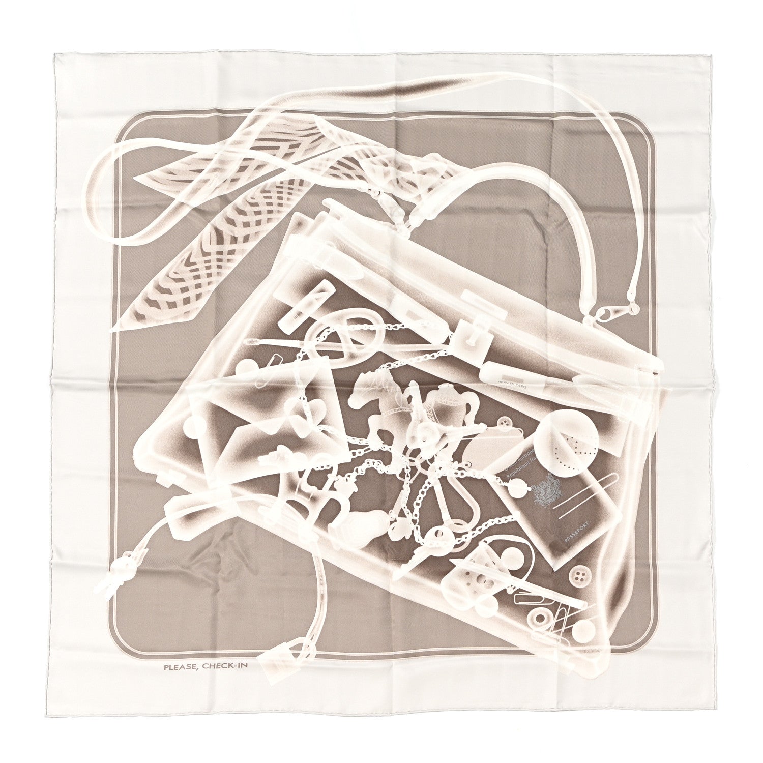 Hermes Silk Please Check In Scarf 90 Gris Perle Etoupe 1 of 5