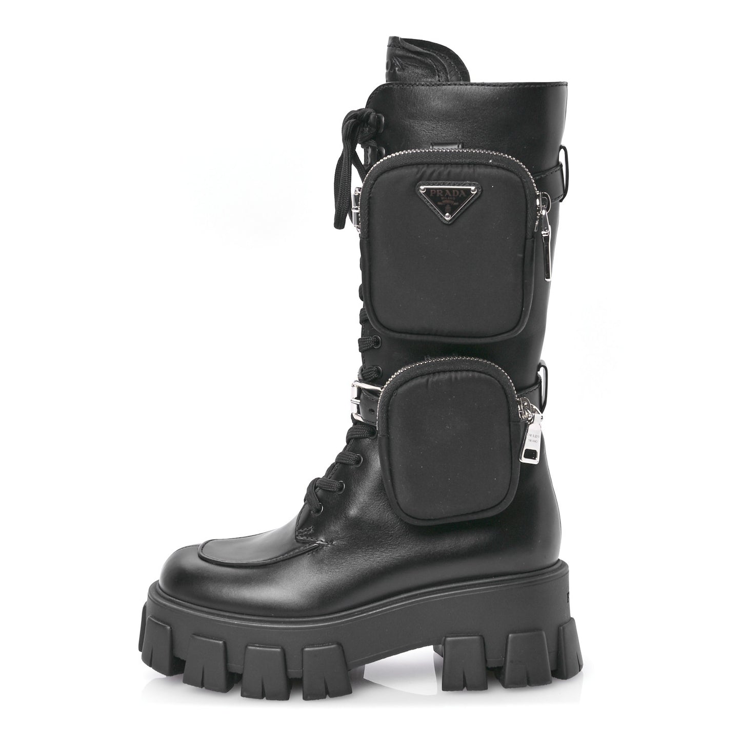 Vitello Lux Nylon Metal Triangle Logo Monolith Pouch Pocket 55mm Tall Combat Boots 35 Black