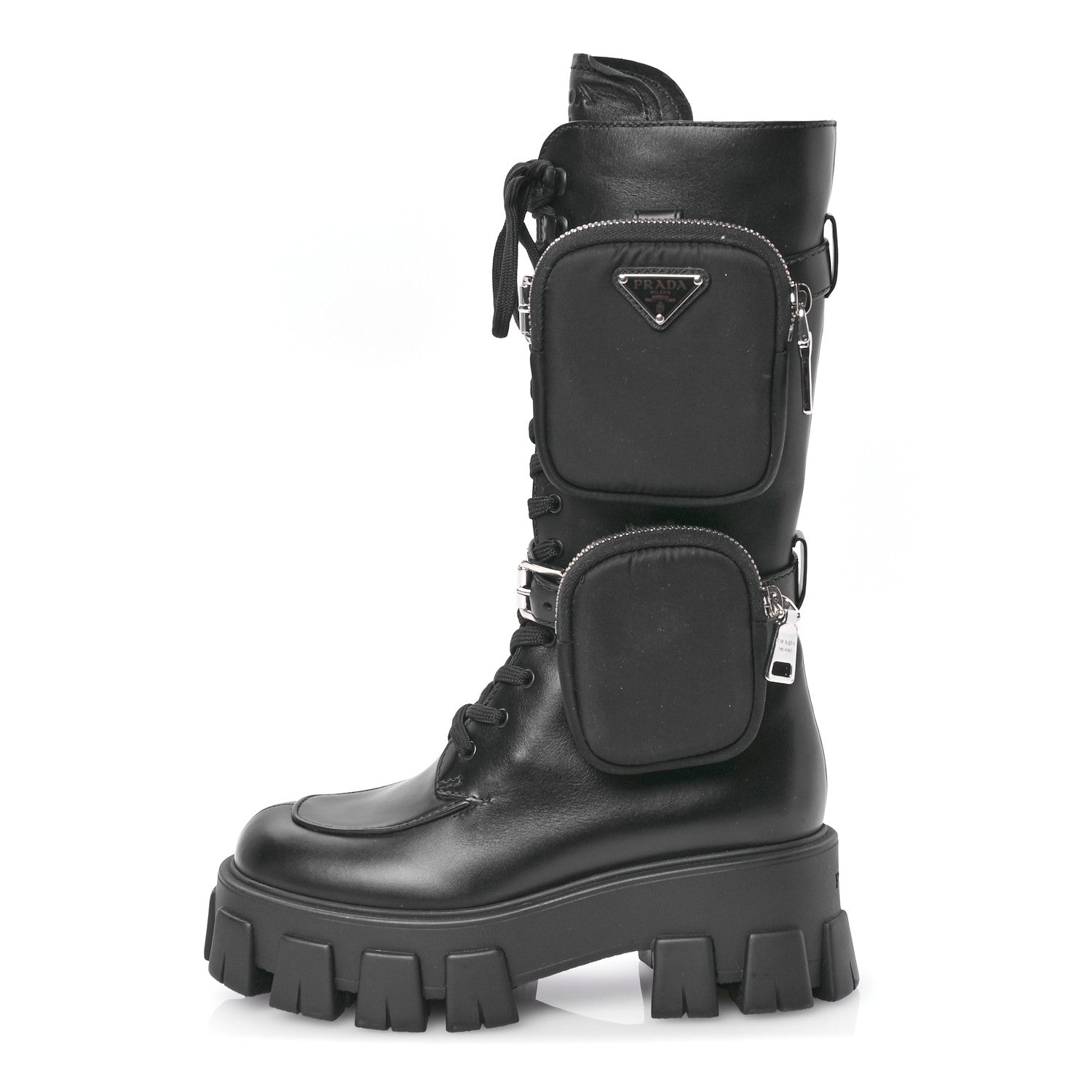 Prada Vitello Lux Nylon Metal Triangle Logo Monolith Pouch Pocket 55mm Tall Combat Boots 35 Black 1 of 7