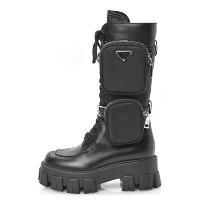 Prada Vitello Lux Nylon Metal Triangle Logo Monolith Pouch Pocket 55mm Tall Combat Boots 35 Black 1 of 7