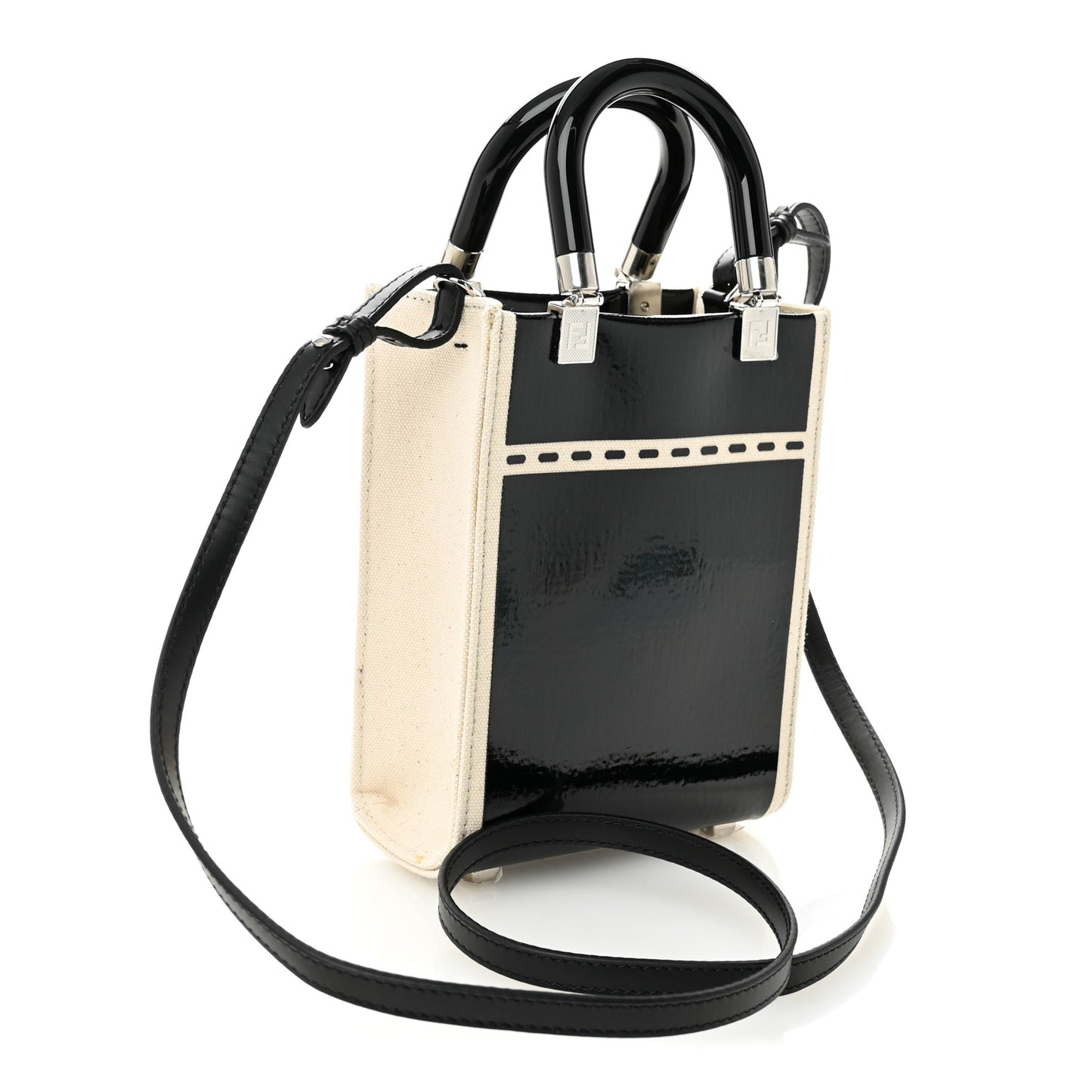 Canvas Spalmato Vernice Logo Embossed Mini Fendi Sunshine Shopper Tote Grezzo Black