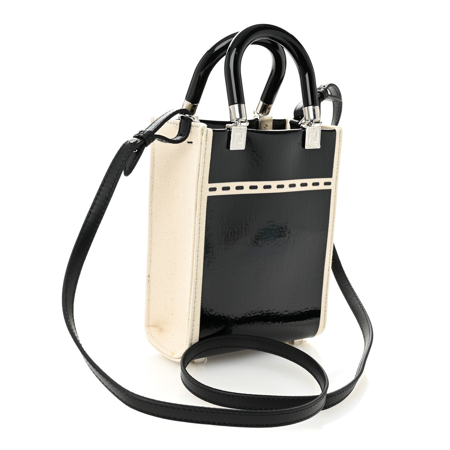 Fendi Canvas Spalmato Vernice Logo Embossed Mini Fendi Sunshine Shopper Tote Grezzo Black 3 of 11