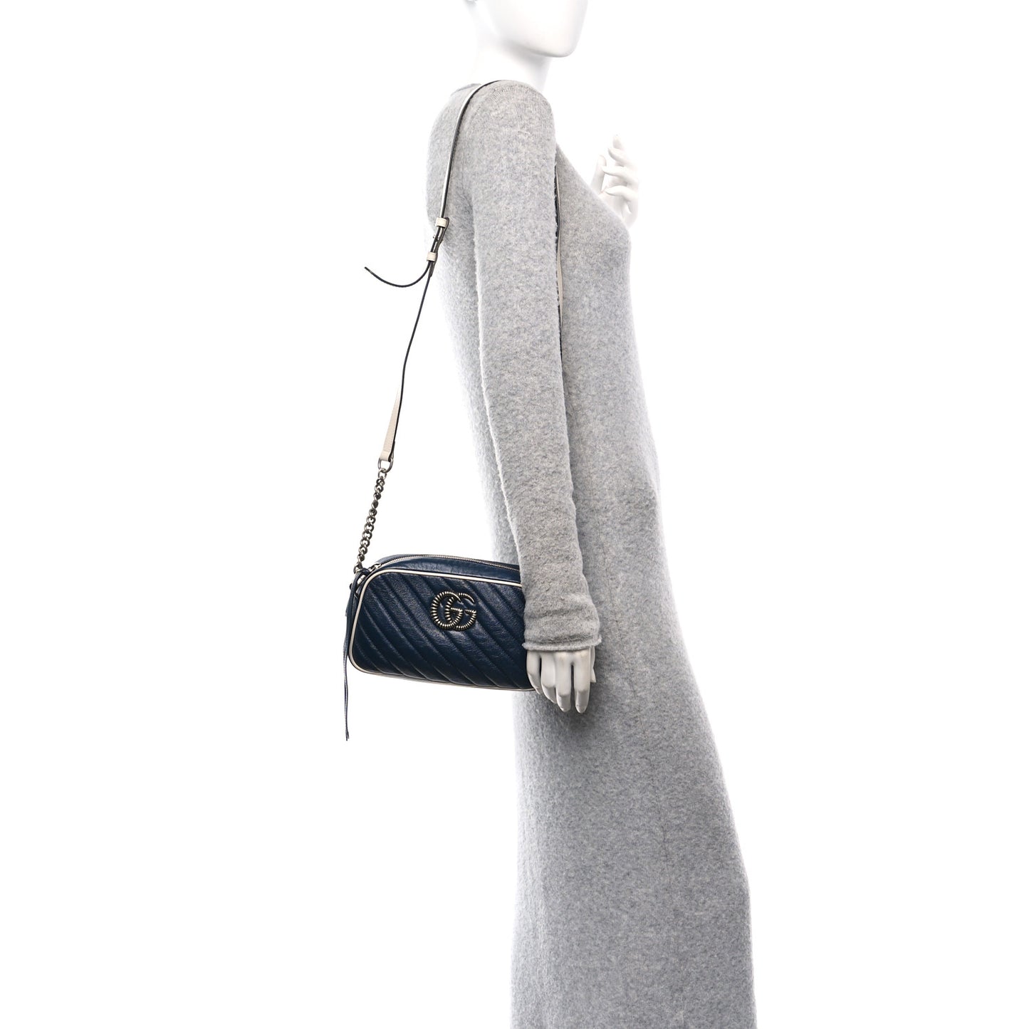 Vintage Effect Calfskin Matelasse Diagonal Small Torchon GG Marmont Chain Shoulder Bag Blue Agata Mystic White