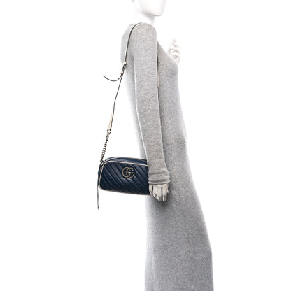 Gucci Vintage Effect Calfskin Matelasse Diagonal Small Torchon GG Marmont Chain Shoulder Bag Blue Agata Mystic White 2 of 11