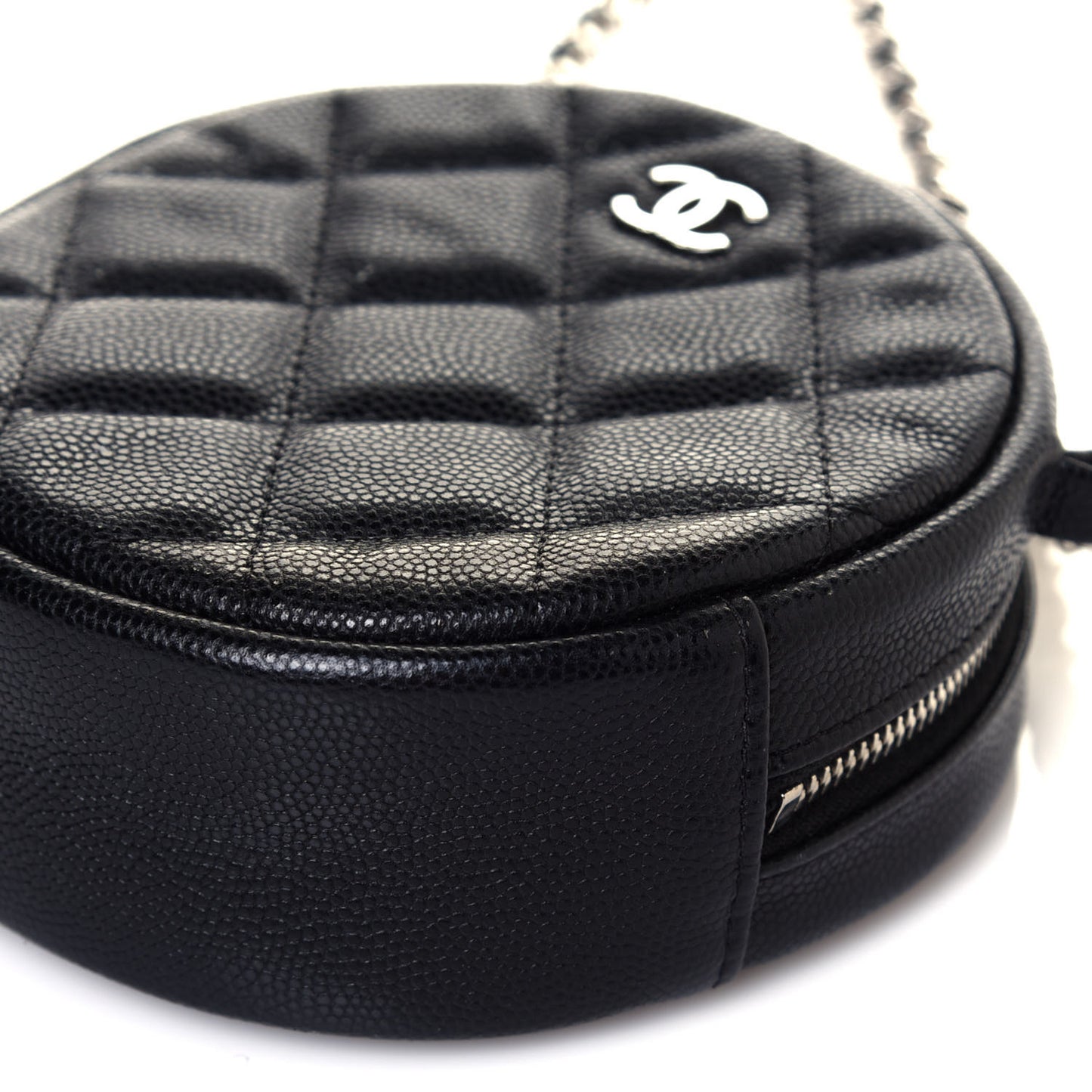 Caviar Quilted Round Clutch With Chain Black