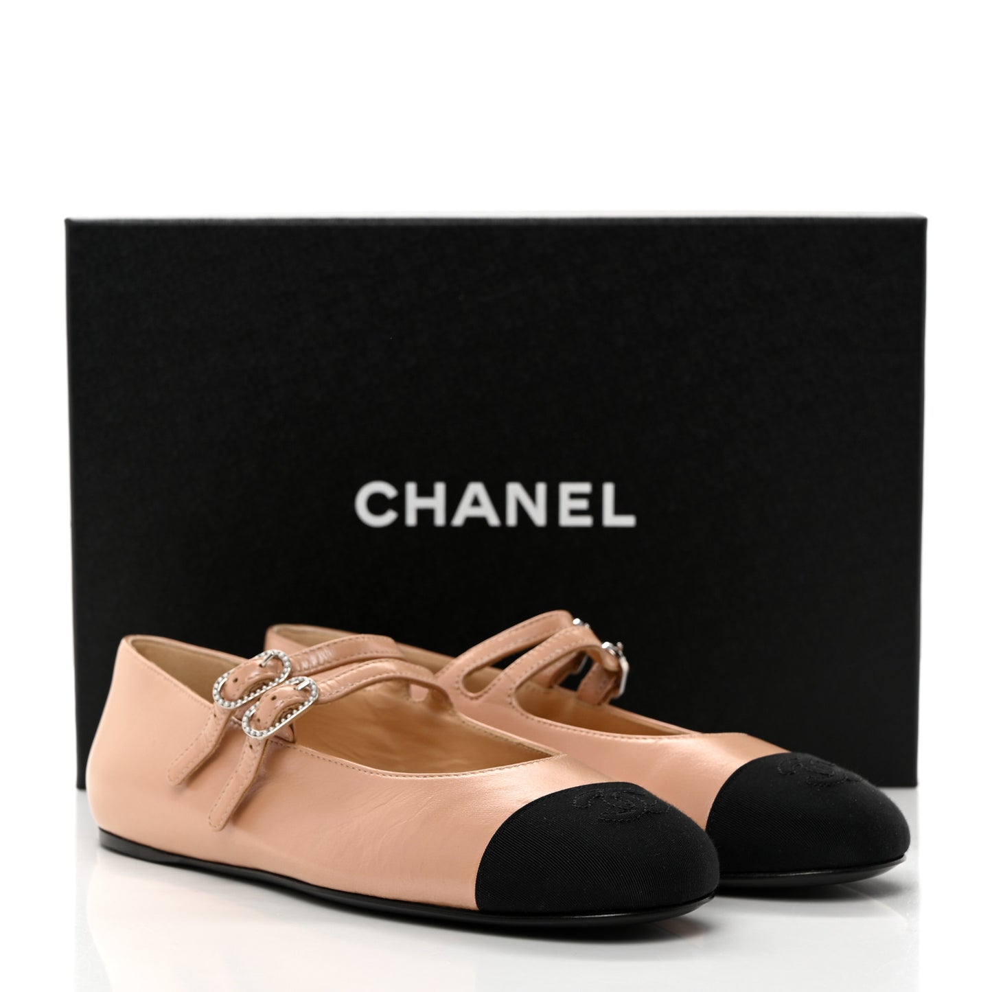 Lambskin Grosgrain Pearl Mary Jane Flats 37.5 Beige Black