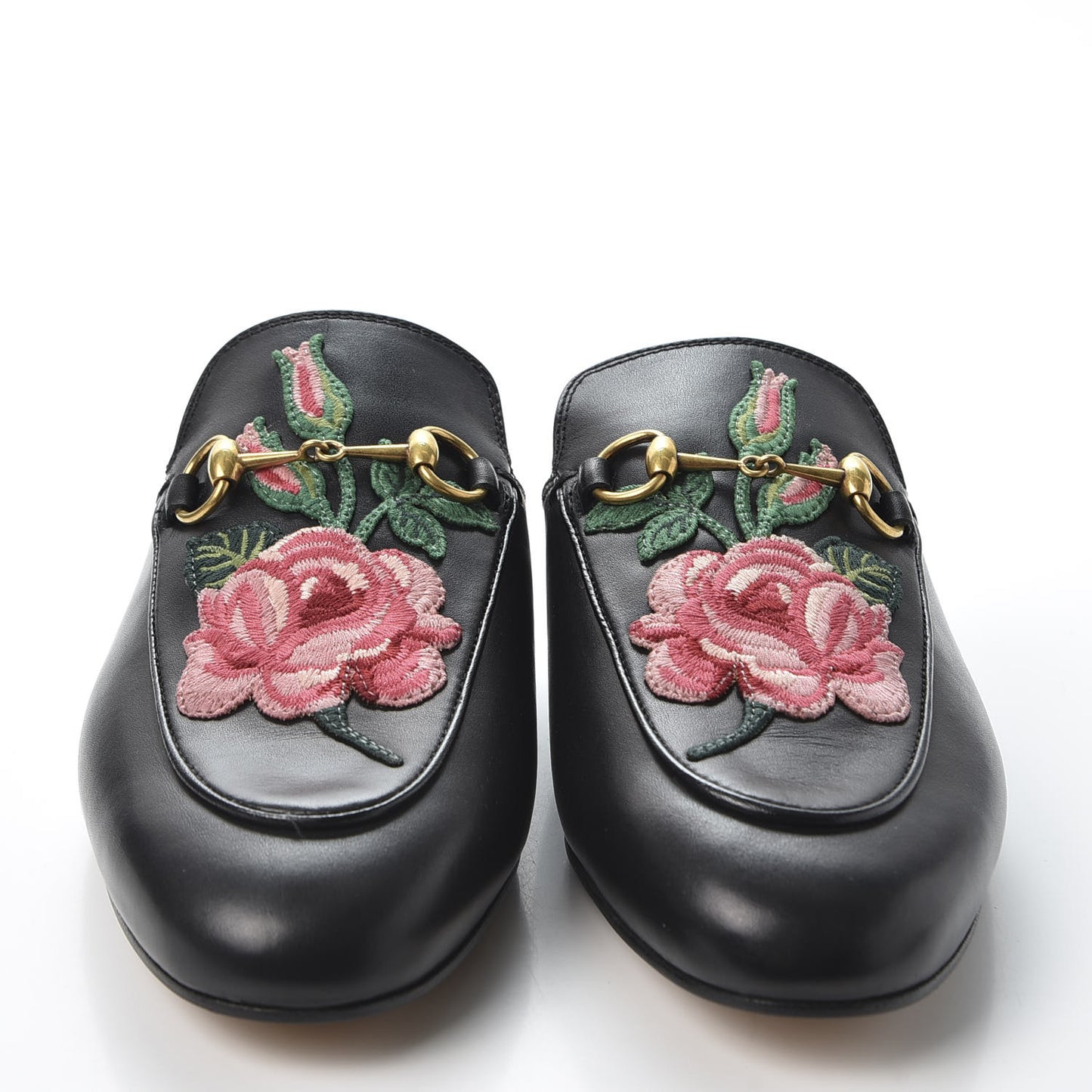 Calfskin Flower Embroidered Womens Princetown Slippers 38 Black