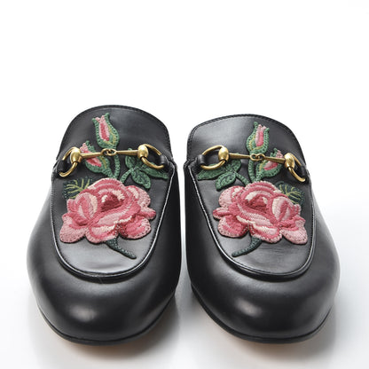 Gucci Calfskin Flower Embroidered Womens Princetown Slippers 38 Black 3 of 11
