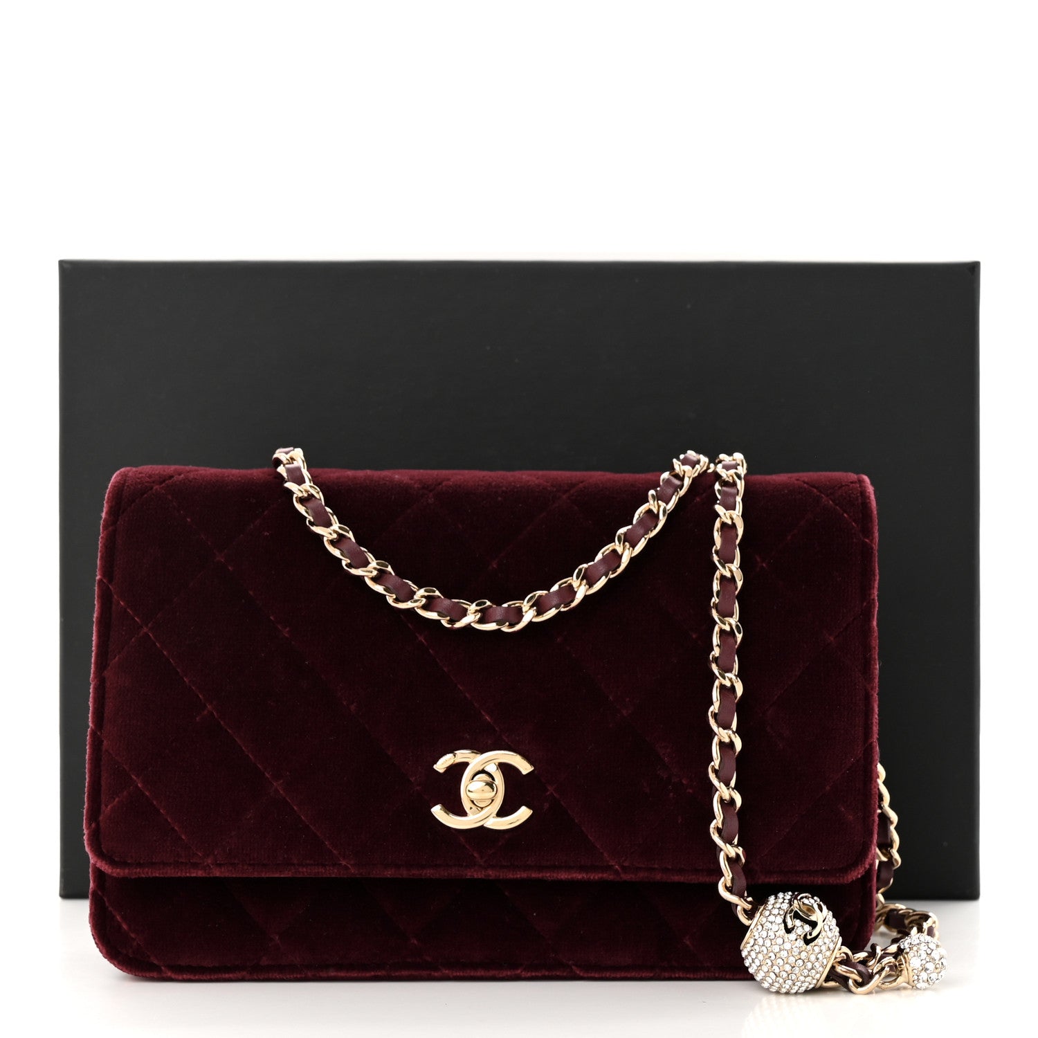 Chanel Velvet Quilted Pearl Crush Wallet On Chain WOC Burgundy 12 of 12