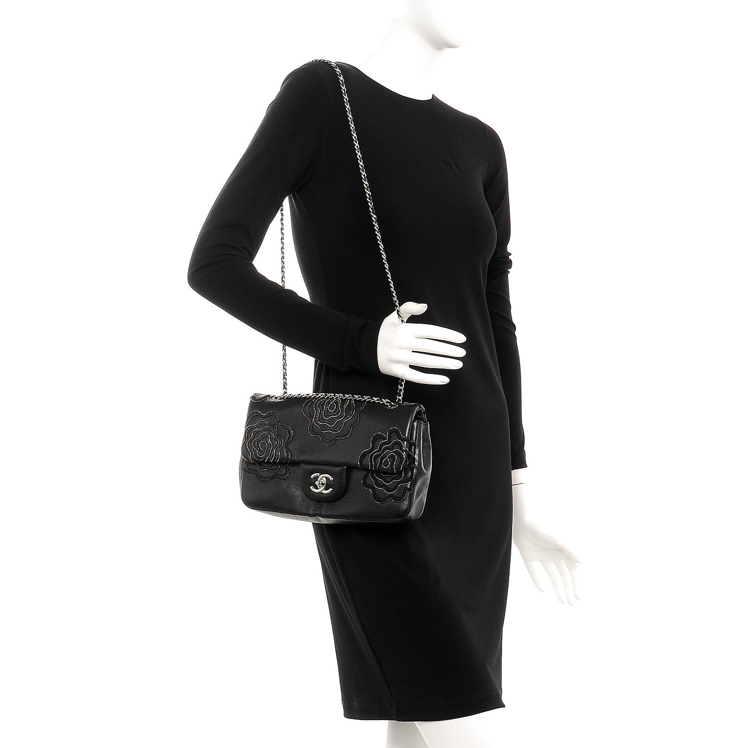 Chanel Lambskin Studded Camellia Embroidered Medium Flap Black 2 of 9