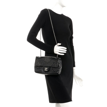 Chanel Lambskin Studded Camellia Embroidered Medium Flap Black 2 of 9