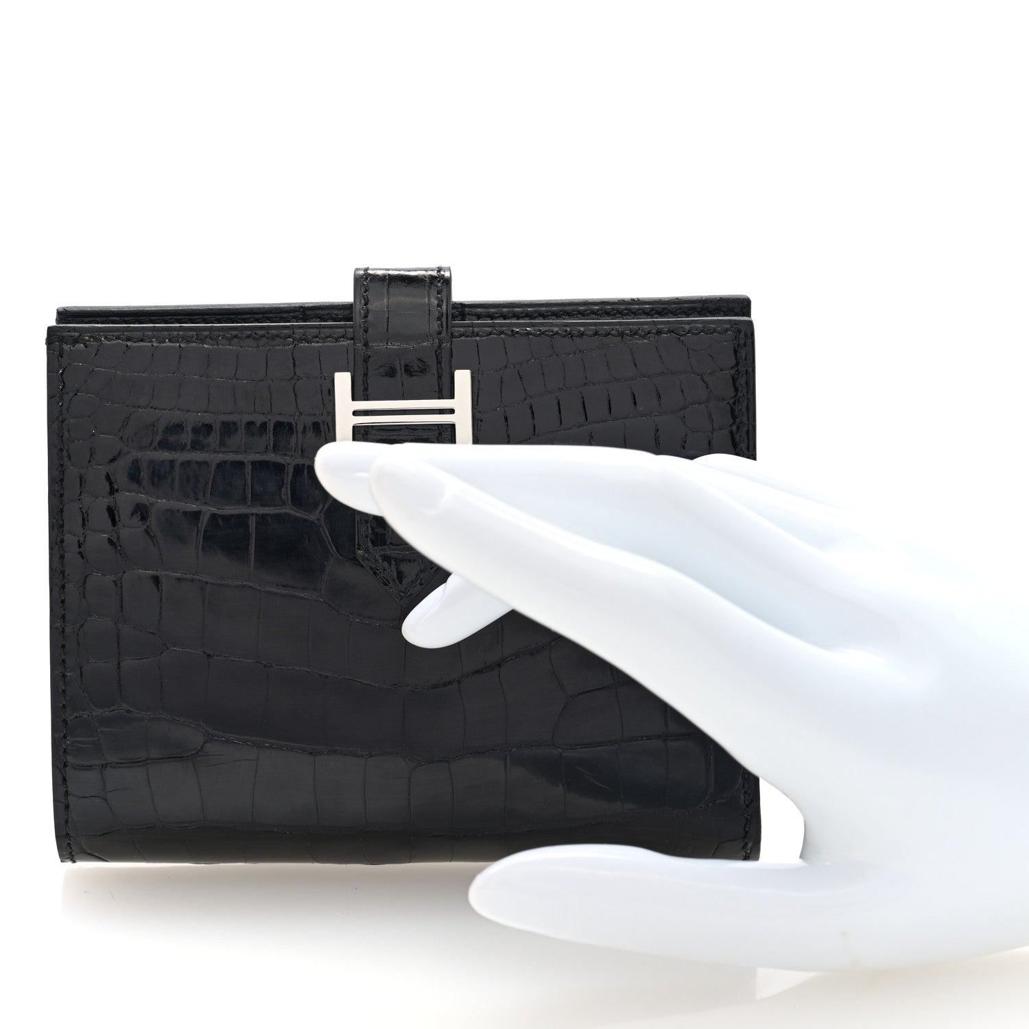 Hermes Shiny Alligator Bearn Compact Wallet Black 2 of 7
