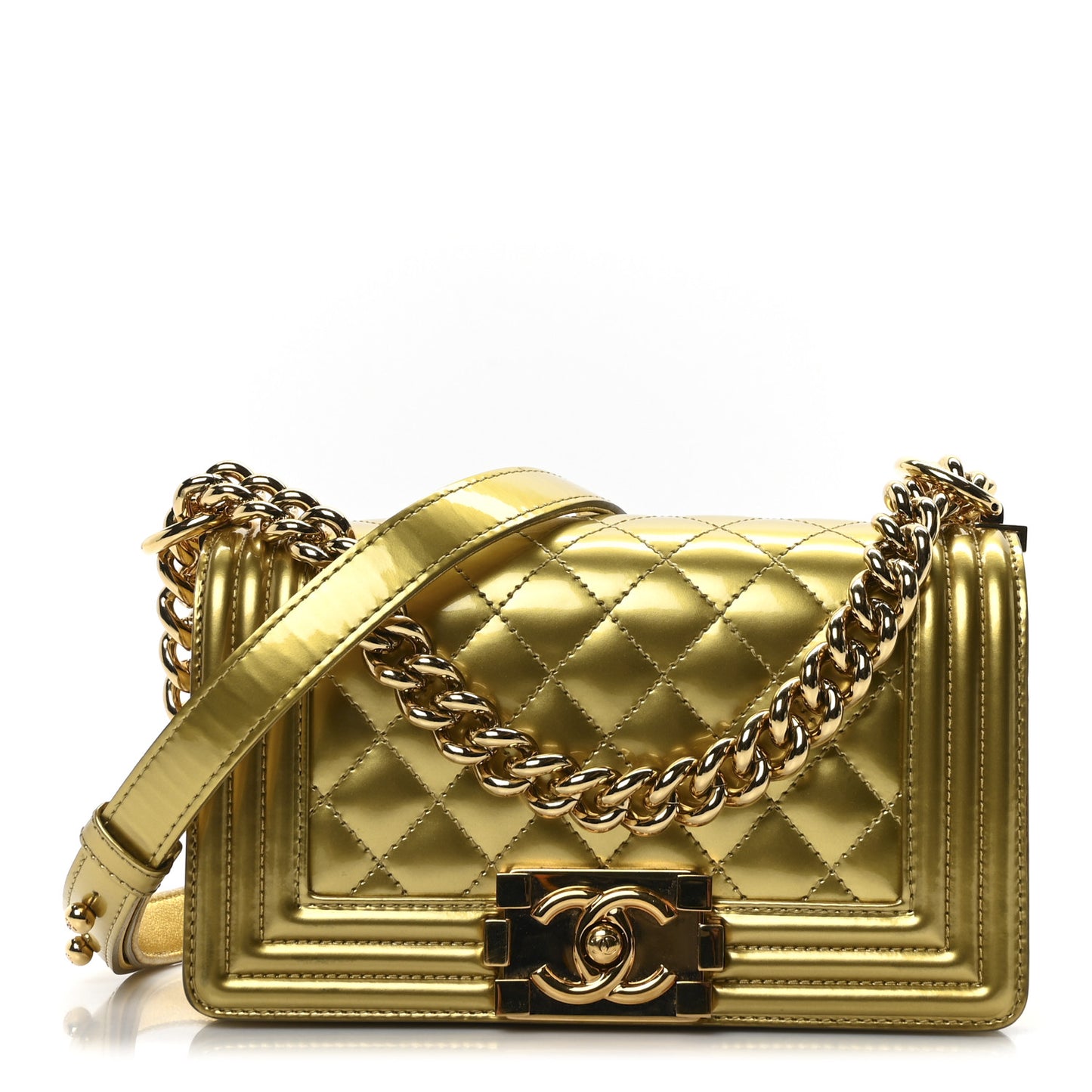 Metallic Patent Calfskin Quilted Small Boy Flap Gold