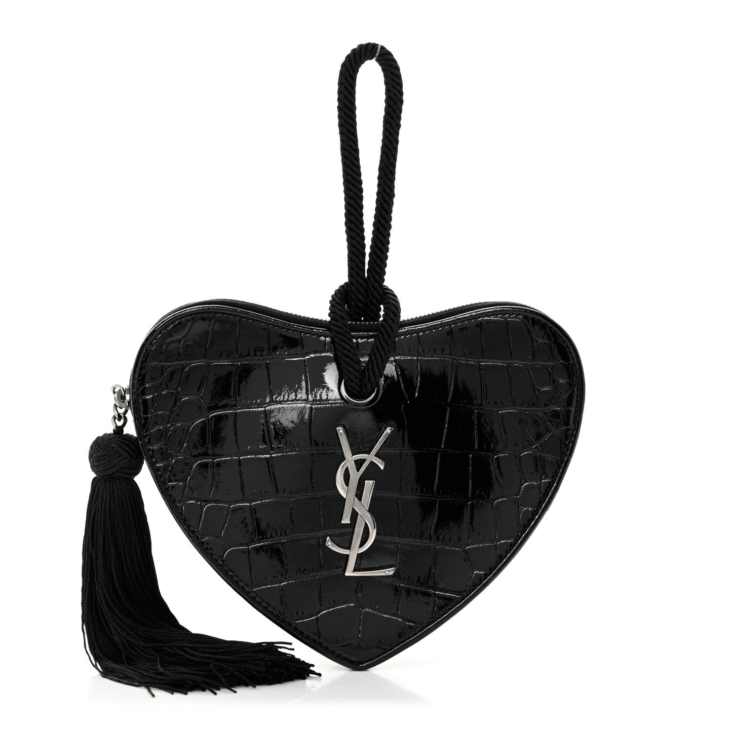 Patent Crocodile Embossed Sac Coeur Heart Shaped Clutch Black