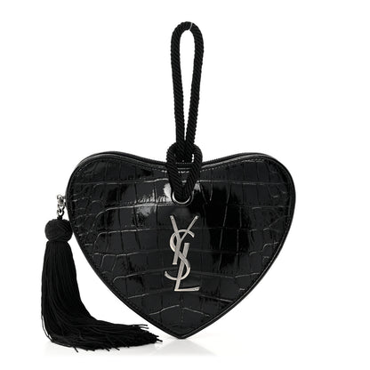 Saint Laurent Patent Crocodile Embossed Sac Coeur Heart Shaped Clutch Black 1 of 6