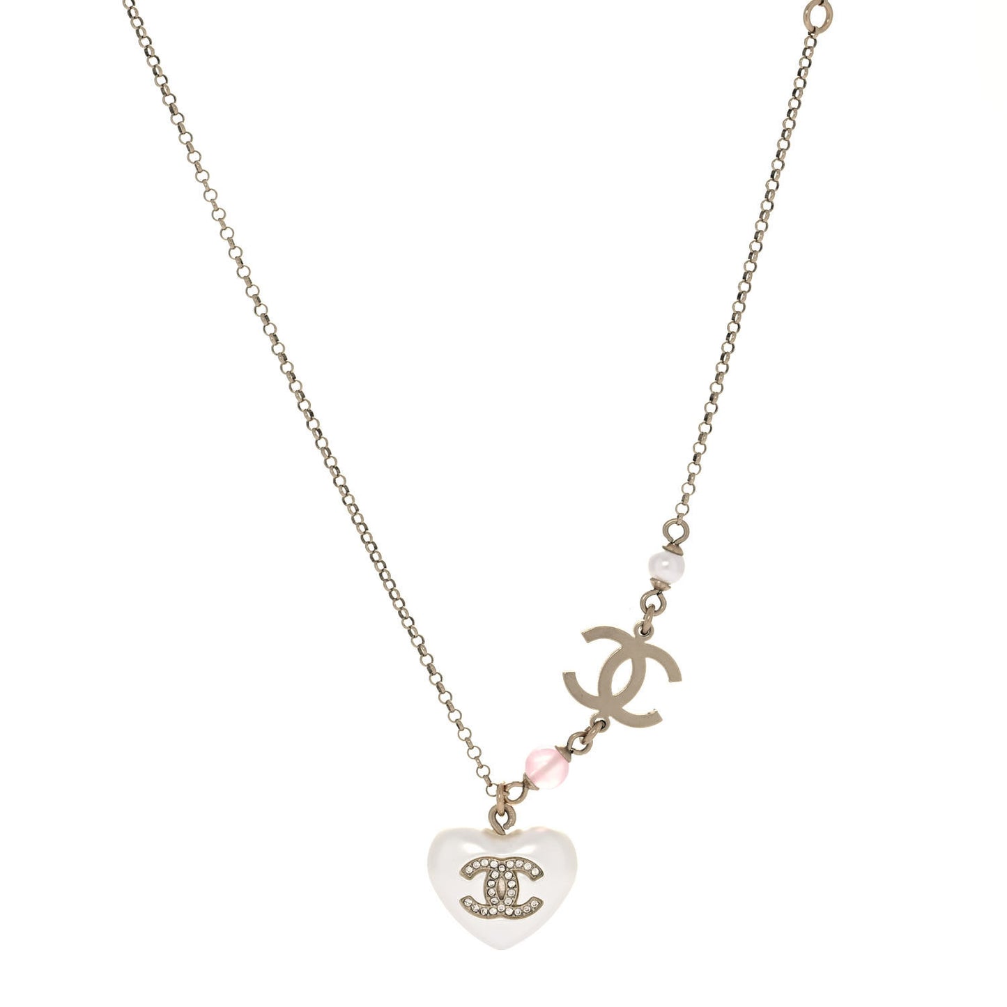 Resin Crystal CC Heart Necklace Pearly White Gold