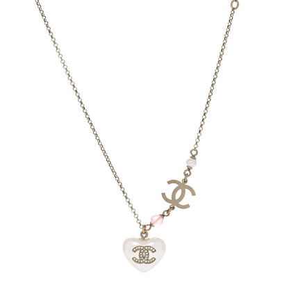 Chanel Resin Crystal CC Heart Necklace Pearly White Gold 1 of 5