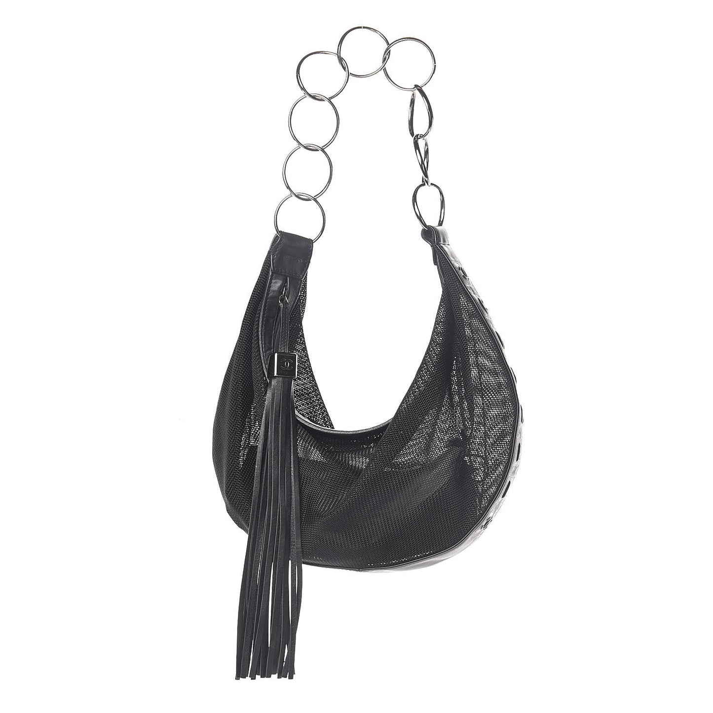 Mesh Calfskin Sport Tassel Hobo Black