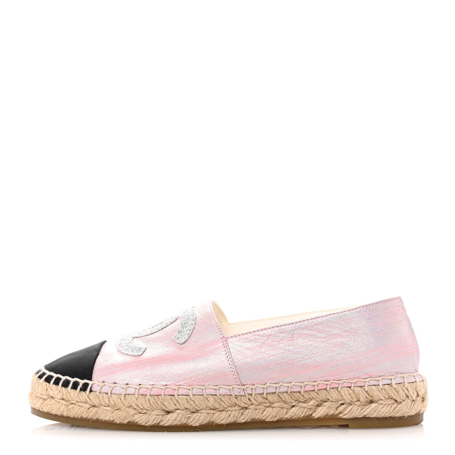 Chanel Laminated Lambskin Grosgrain Embroidered CC Espadrilles 39 Pink Silver Black 1 of 11