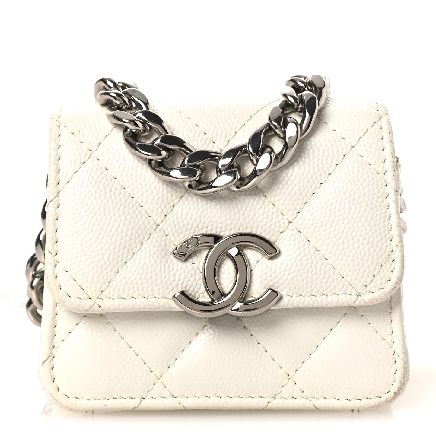 Caviar Quilted Enamel Coco Clutch With Chain White