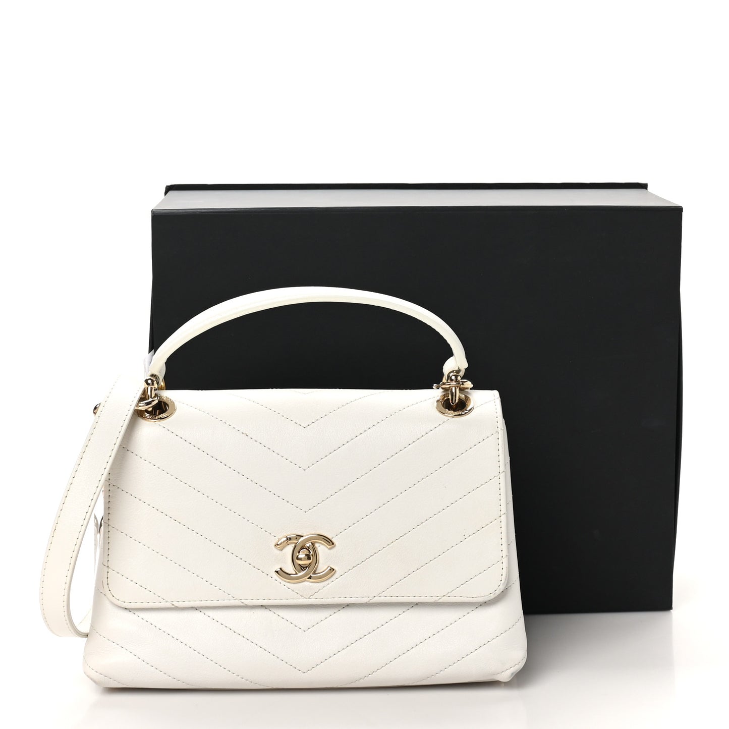 Grained Calfskin Small Chevron Chic Top Handle Flap White