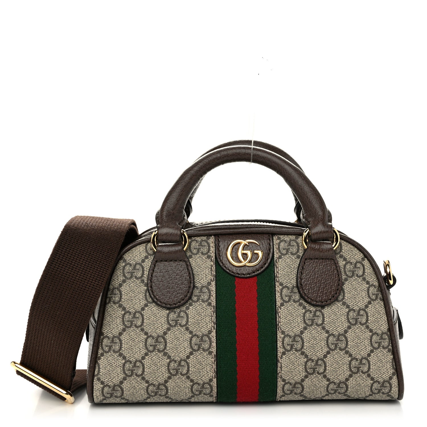 Gucci GG Supreme Monogram Textured Dollar Calfskin Web Mini Ophidia Top Handle Bowler Bag Beige Ebony New Acero 1 of 10