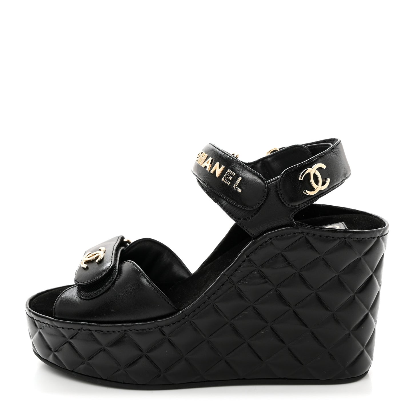 Shiny Calfskin Quilted Wedge Sandals 38 Black