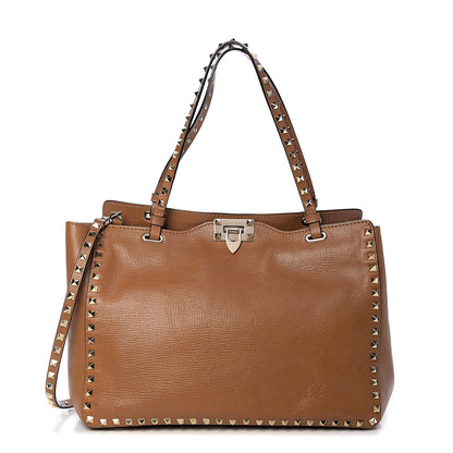 Valentino Garavani Textured Calfskin Medium Rockstud Tote Camel 1 of 14