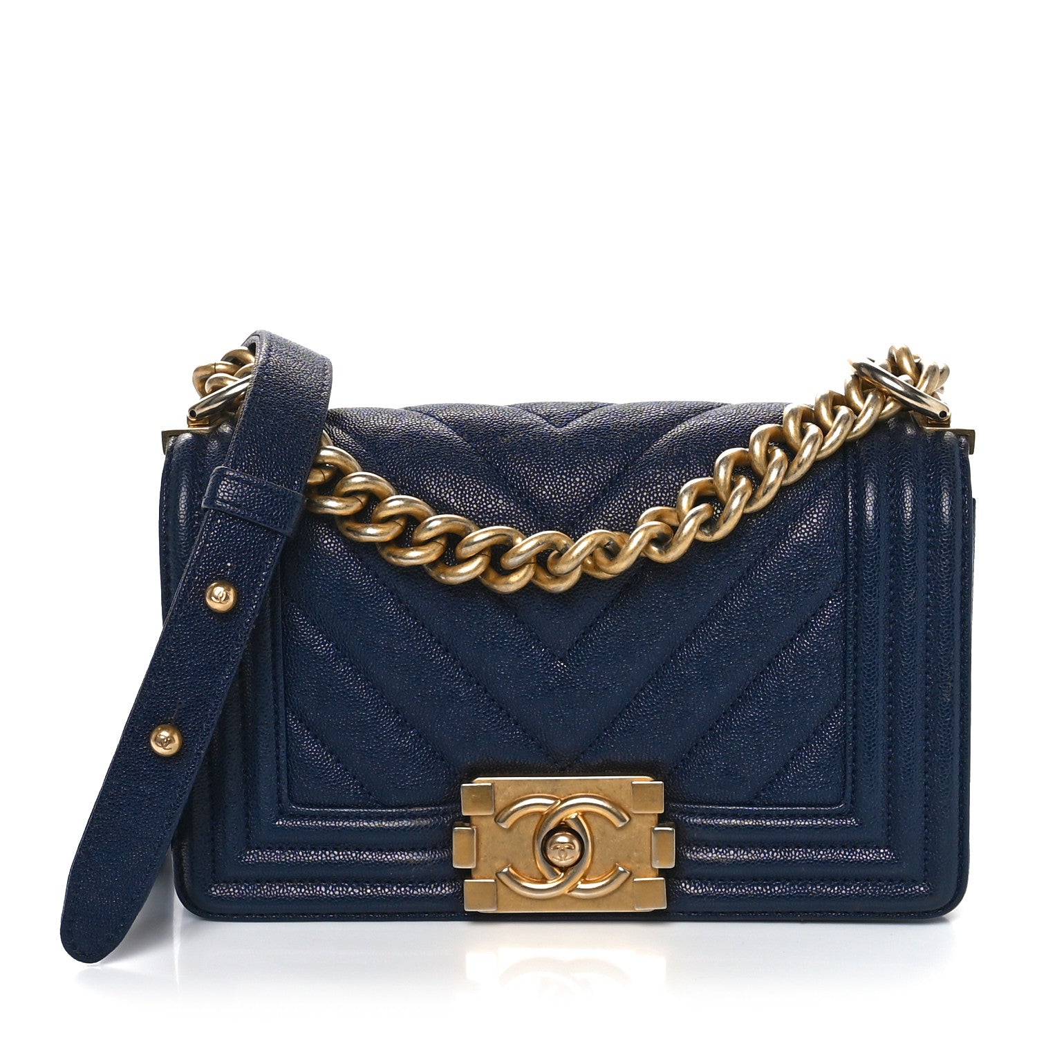 Chanel Caviar Chevron Quilted Small Boy Flap Navy Blue 1 of 11