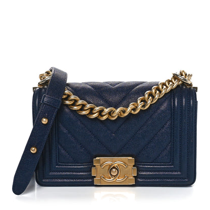 Chanel Caviar Chevron Quilted Small Boy Flap Navy Blue 1 of 11