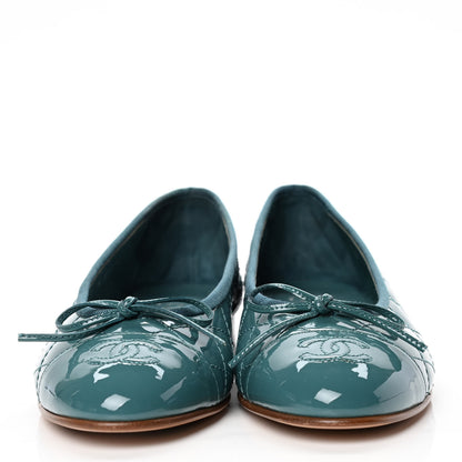 Chanel Patent Calfskin Quilted Cap Toe CC Ballerina Flats 37 Turquoise 2 of 4