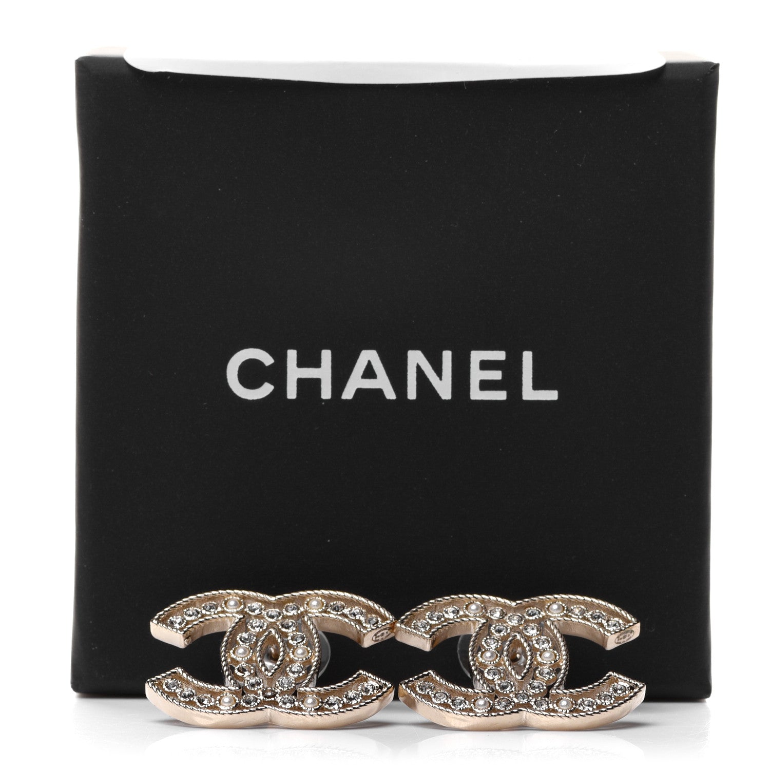 Chanel Pearl Crystal Sparkling Pearls CC Earrings Light Gold 5 of 5