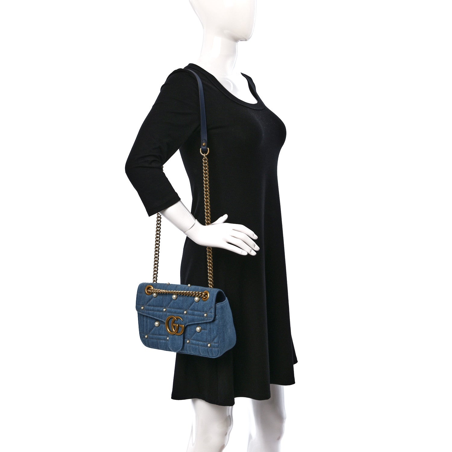 Gucci Denim Matelasse Pearl Studded Small GG Marmont Shoulder Bag Blue 2 of 9