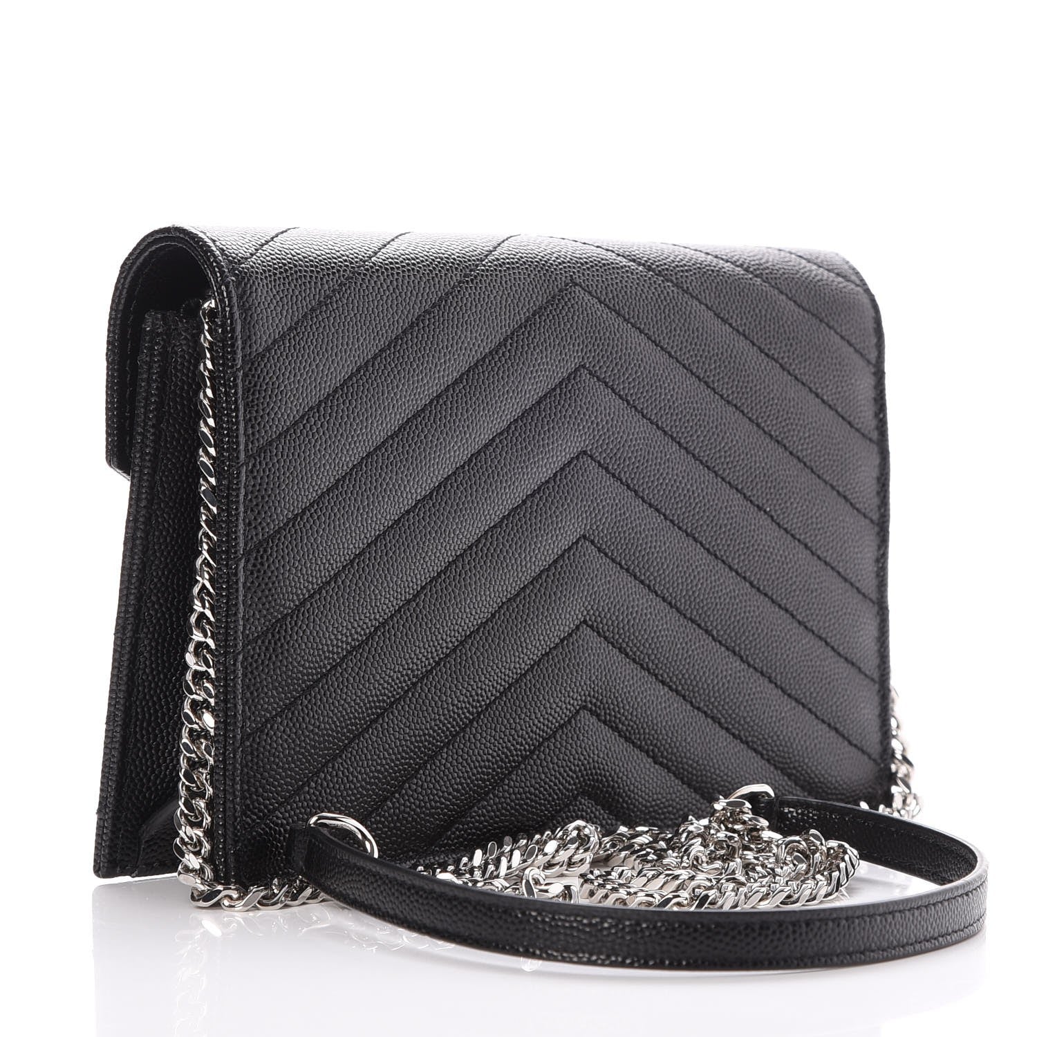 Saint Laurent Grain De Poudre Matelasse Chevron Monogram Envelope Chain Wallet Black 3 of 7
