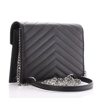 Saint Laurent Grain De Poudre Matelasse Chevron Monogram Envelope Chain Wallet Black 3 of 7