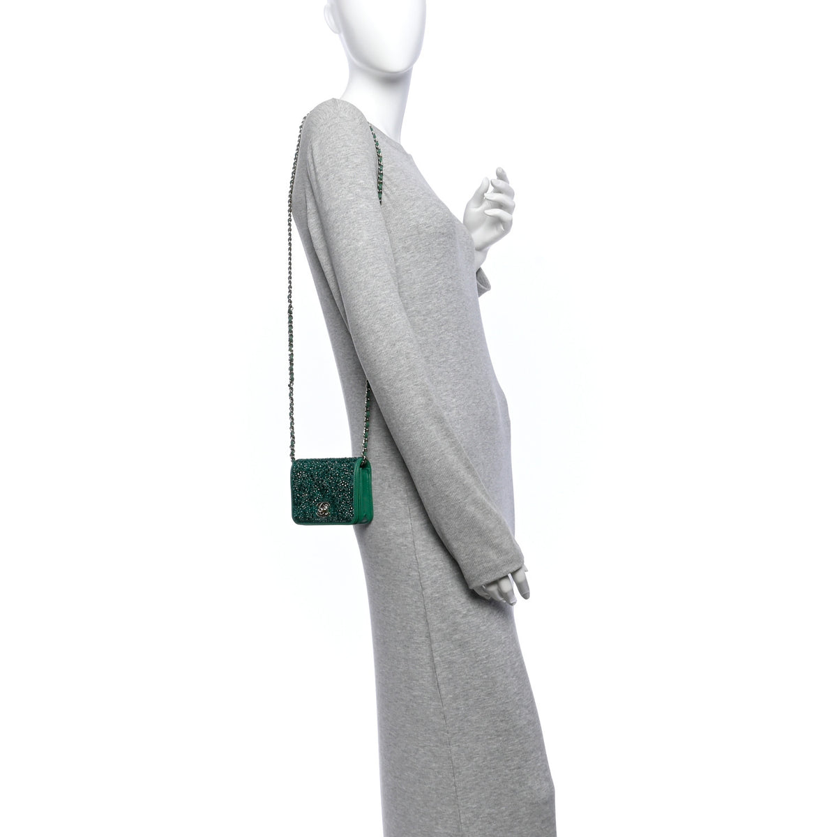 Lambskin Crystal Diamante Clutch With Chain Green