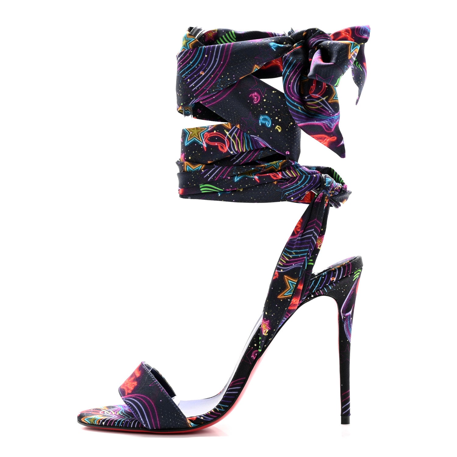 Christian Louboutin Crepe Satin Starlight Sandale Du Desert 100 Ankle Wrap Sandals 36 Black Multicolor 1 of 9